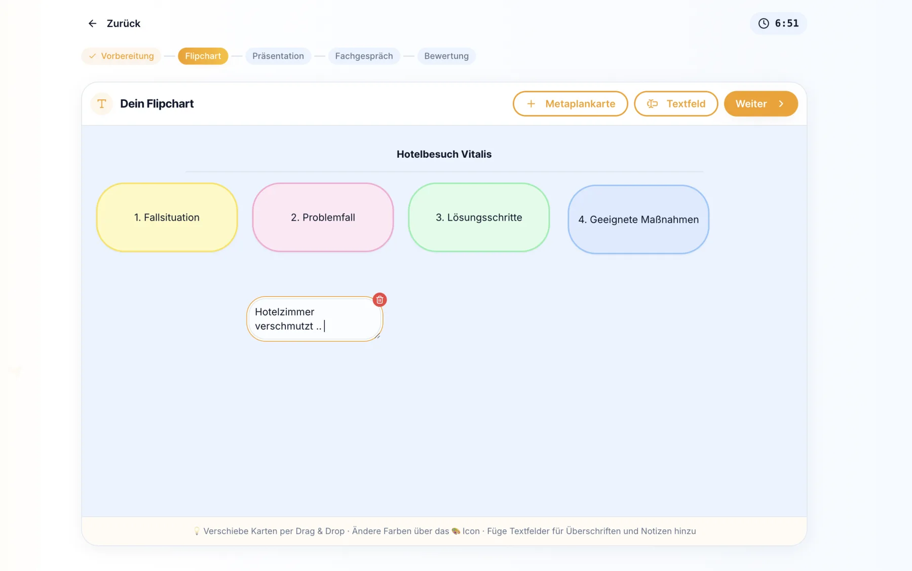 Digitales Flipchart mit vier farbigen Metaplankarten, Textfeld und laufendem Timer.